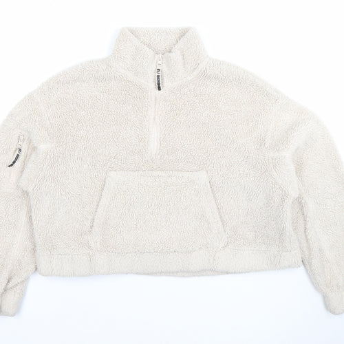 Bershka Women Beige 1/4 Zip Fleece Pullover Sweatshirt Size S
