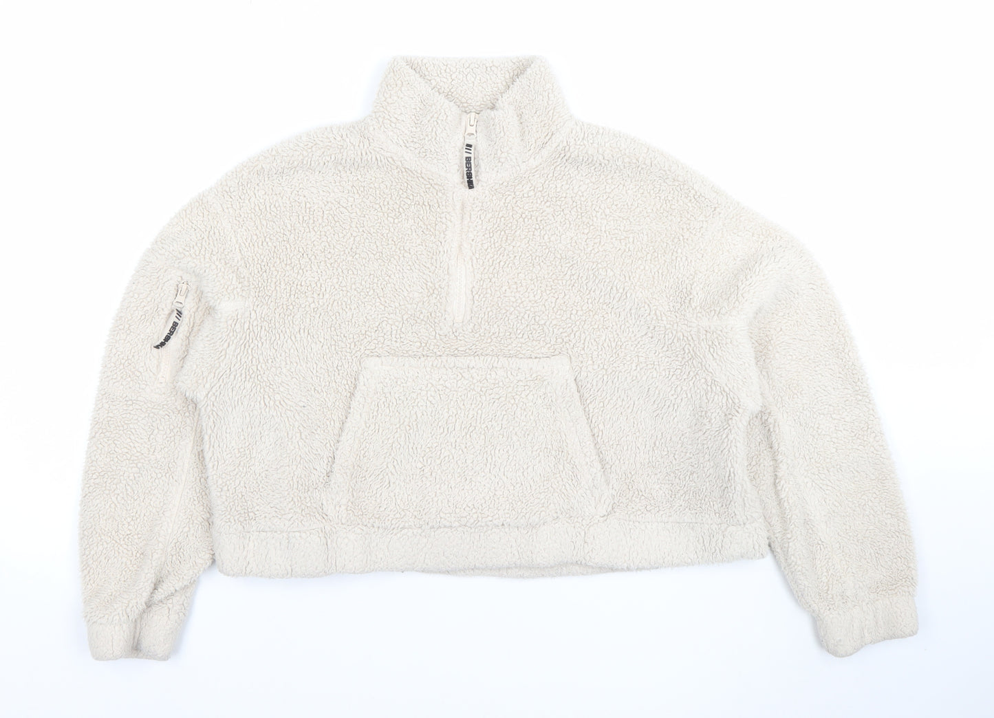 Bershka Women Beige 1/4 Zip Fleece Pullover Sweatshirt Size S
