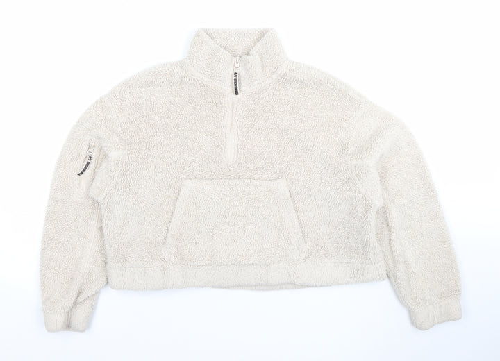 Bershka Women Beige 1/4 Zip Fleece Pullover Sweatshirt Size S