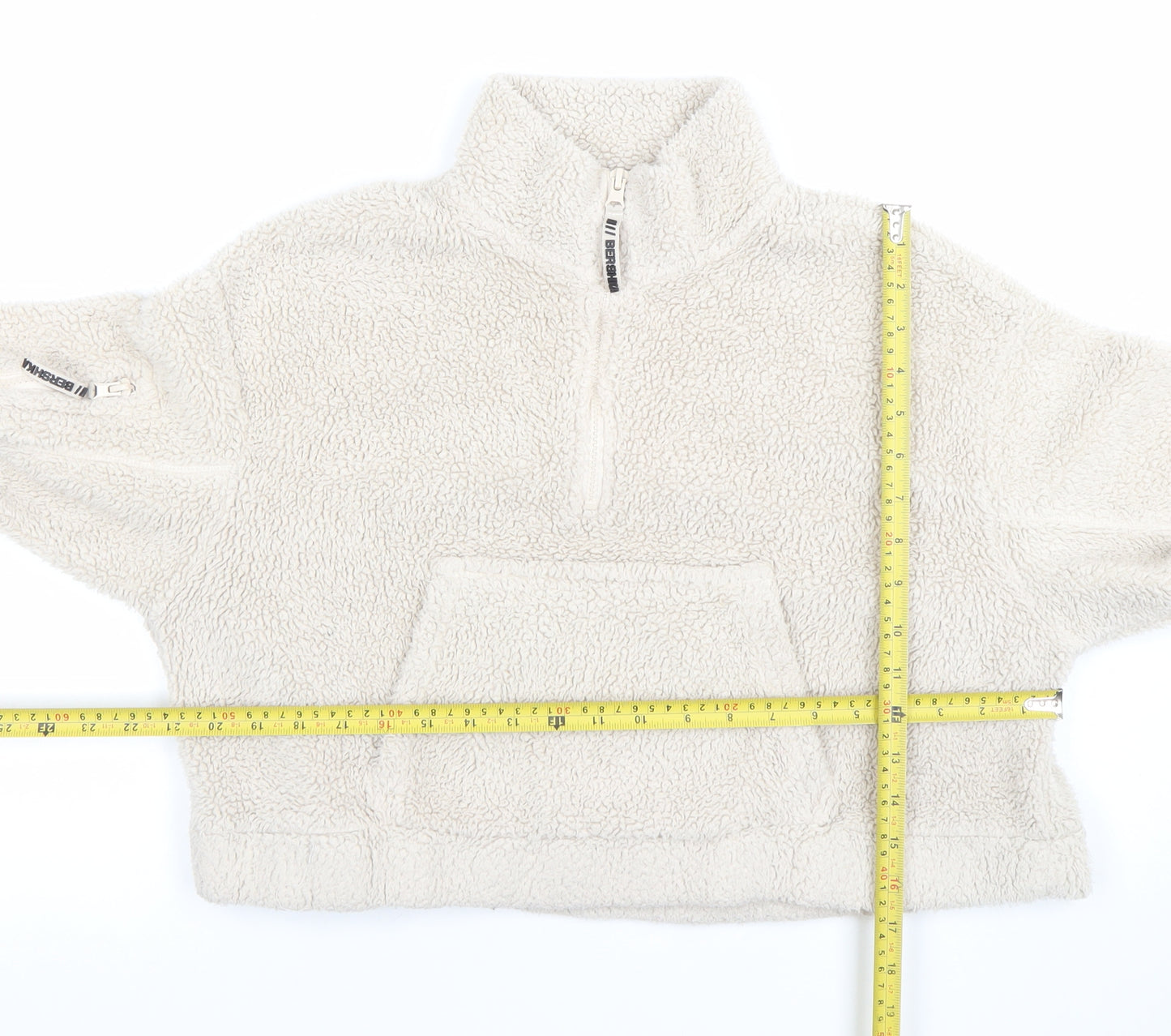Bershka Women Beige 1/4 Zip Fleece Pullover Sweatshirt Size S