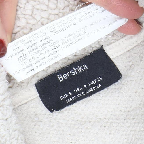 Bershka Women Beige 1/4 Zip Fleece Pullover Sweatshirt Size S