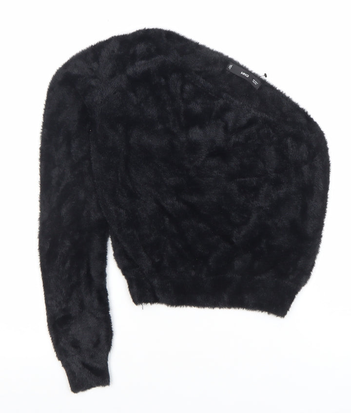 Mango Women Black Faux Fur Long Sleeve Pullover Jumper Size S