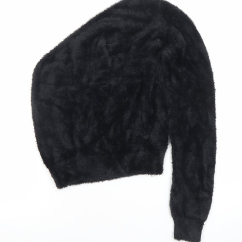 Mango Women Black Faux Fur Long Sleeve Pullover Jumper Size S