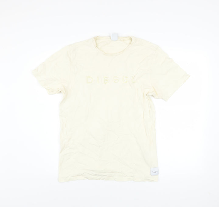 Diesel Men’s Ivory Cotton Logo T-Shirt Size M Short Sleeve Crew Neck