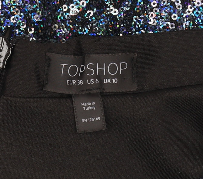 Topshop Women's Black Sequin A-Line Party Skirt Size 10