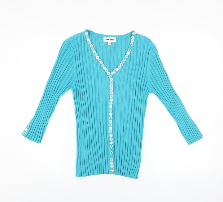 Gerard Women’s Blue Ribbed V-Neck Button Cardigan Size 14