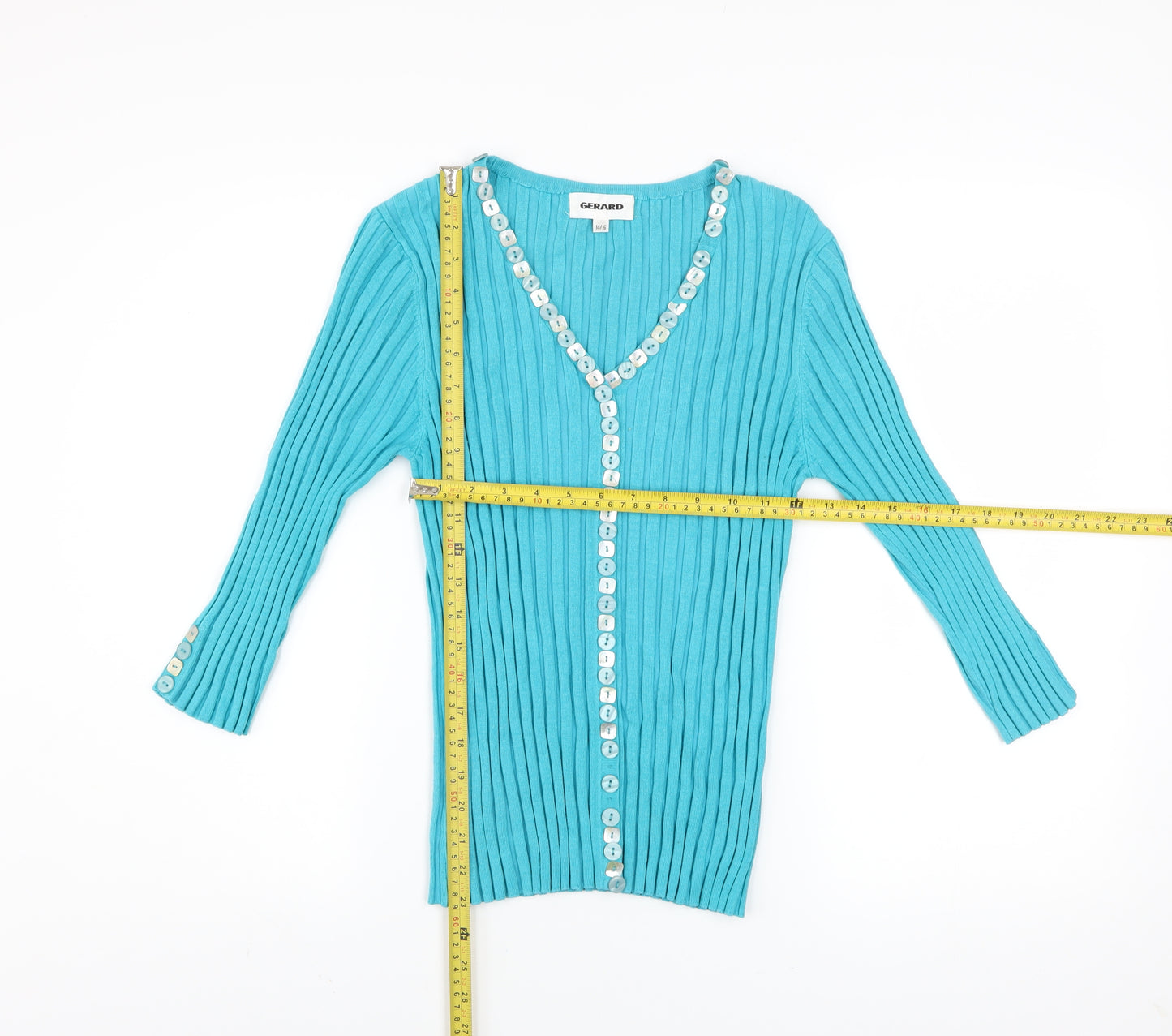 Gerard Women’s Blue Ribbed V-Neck Button Cardigan Size 14