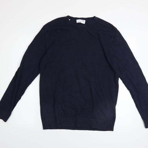 SELECTED HOMME Men's Blue Cotton Crew Neck Jumper Size L Classic Fit