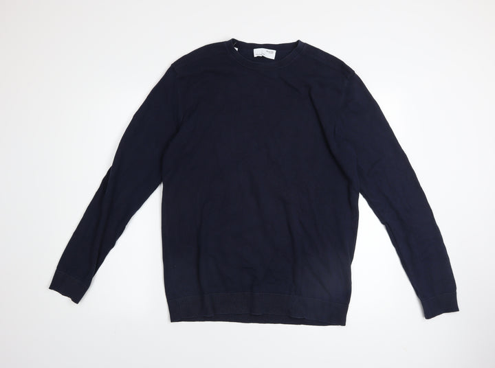 SELECTED HOMME Men's Blue Cotton Crew Neck Jumper Size L Classic Fit