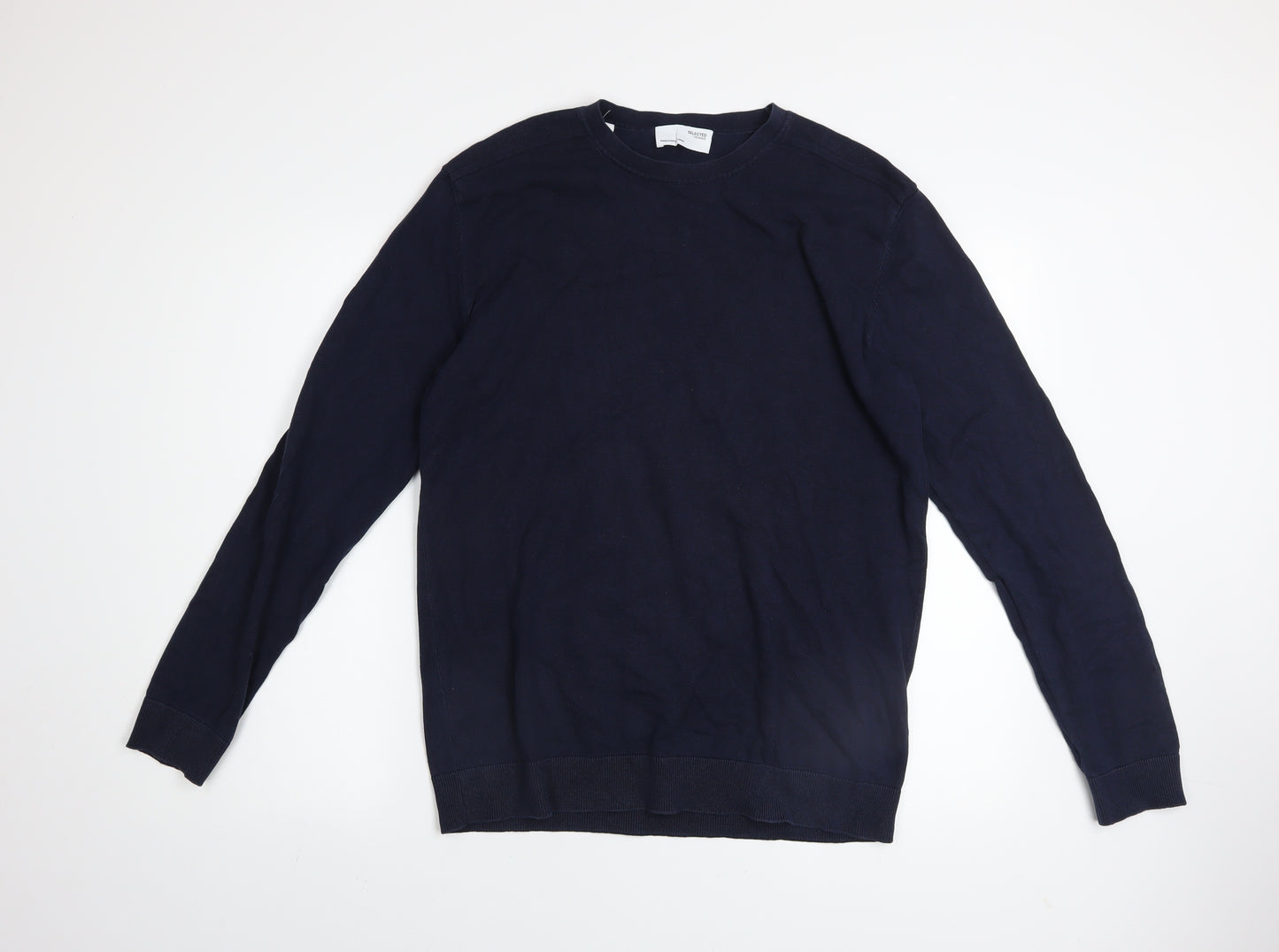 SELECTED HOMME Men's Blue Cotton Crew Neck Jumper Size L Classic Fit