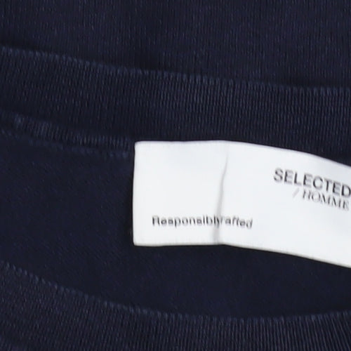 SELECTED HOMME Men's Blue Cotton Crew Neck Jumper Size L Classic Fit