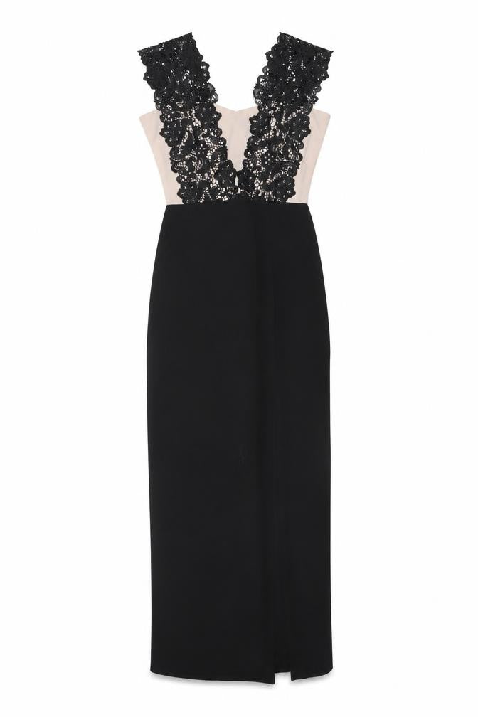 Jessica Women’s Black Beige Lace Sheath V-Neck Long Dress Size 10