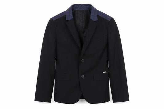 Front view of Junior Gaultier boys’ black wool blend single-breasted blazer 10 years