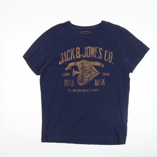 Jack & Jones Men's Blue Graphic Print Crew Neck Cotton T-Shirt Size S