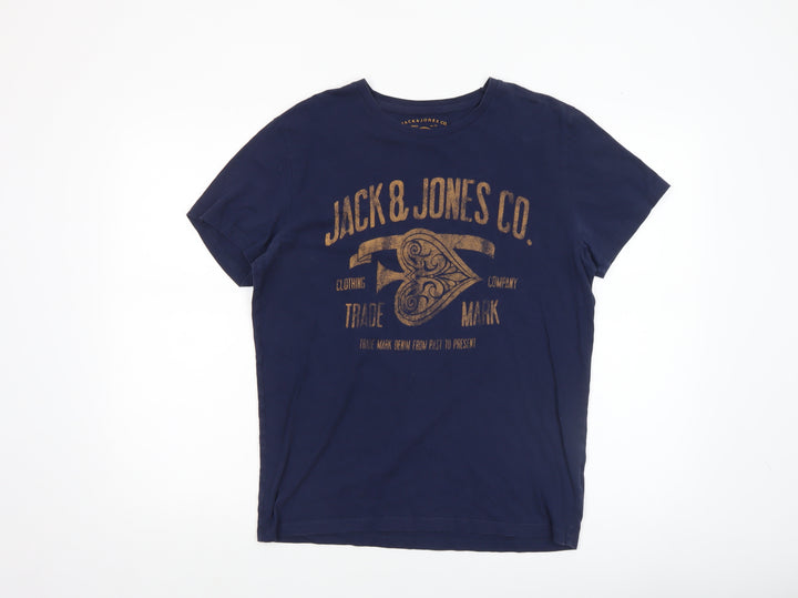 Jack & Jones Men's Blue Graphic Print Crew Neck Cotton T-Shirt Size S