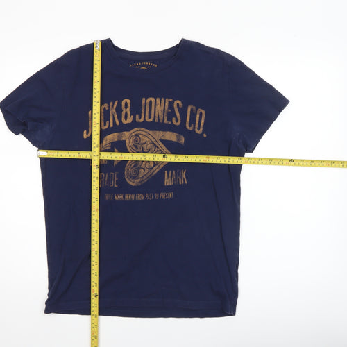 Jack & Jones Men's Blue Graphic Print Crew Neck Cotton T-Shirt Size S