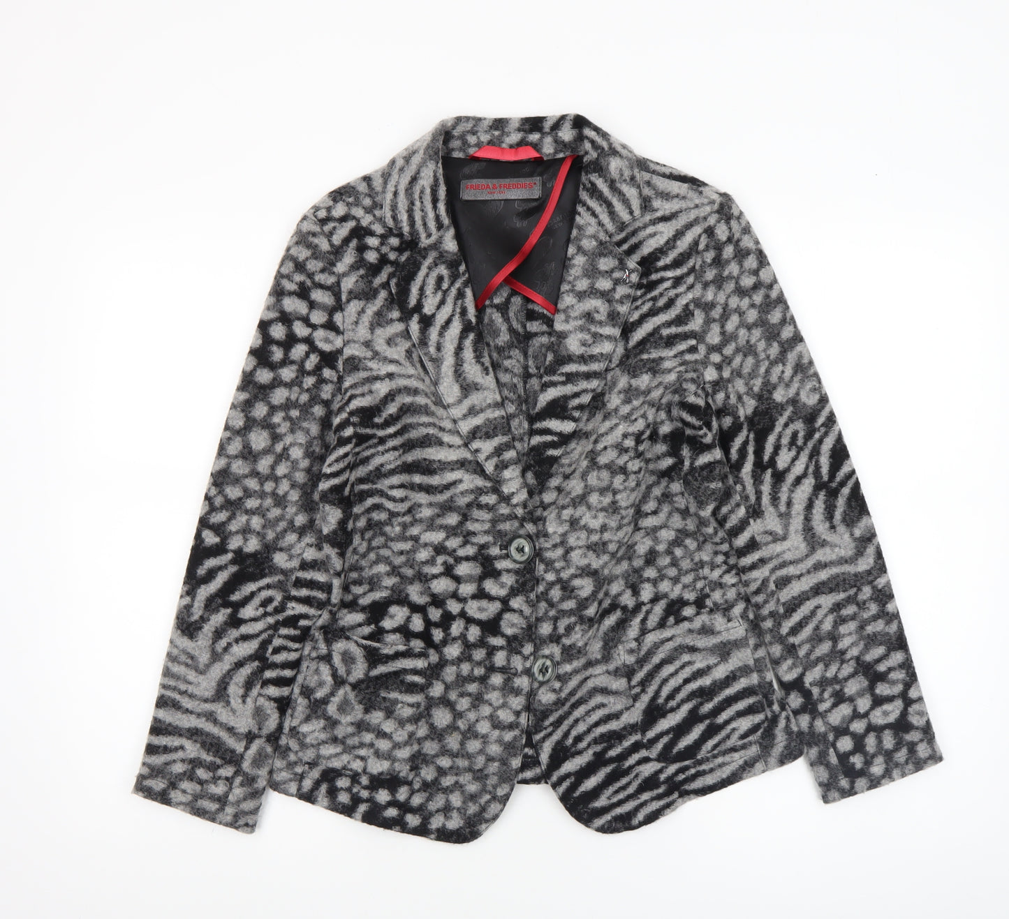 Frieda & Freddies Women Grey Animal Print Wool Blend Blazer Size 10