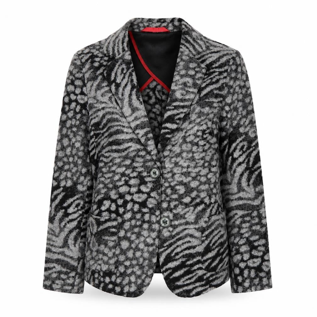 Front view of Frieda & Freddies Women Grey Animal Print Wool Blend Blazer, size 10