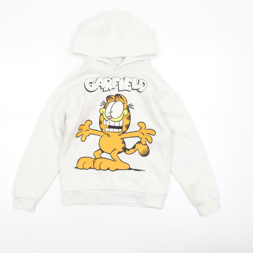 Garfield Boys White Pullover Hoodie 8-9 Years Graphic Print Cotton Blend