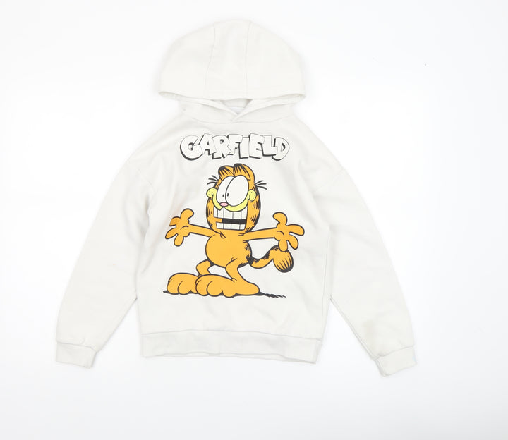 Garfield Boys White Pullover Hoodie 8-9 Years Graphic Print Cotton Blend
