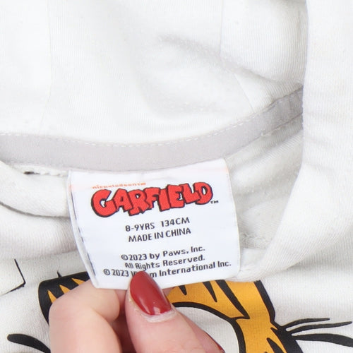 Garfield Boys White Pullover Hoodie 8-9 Years Graphic Print Cotton Blend