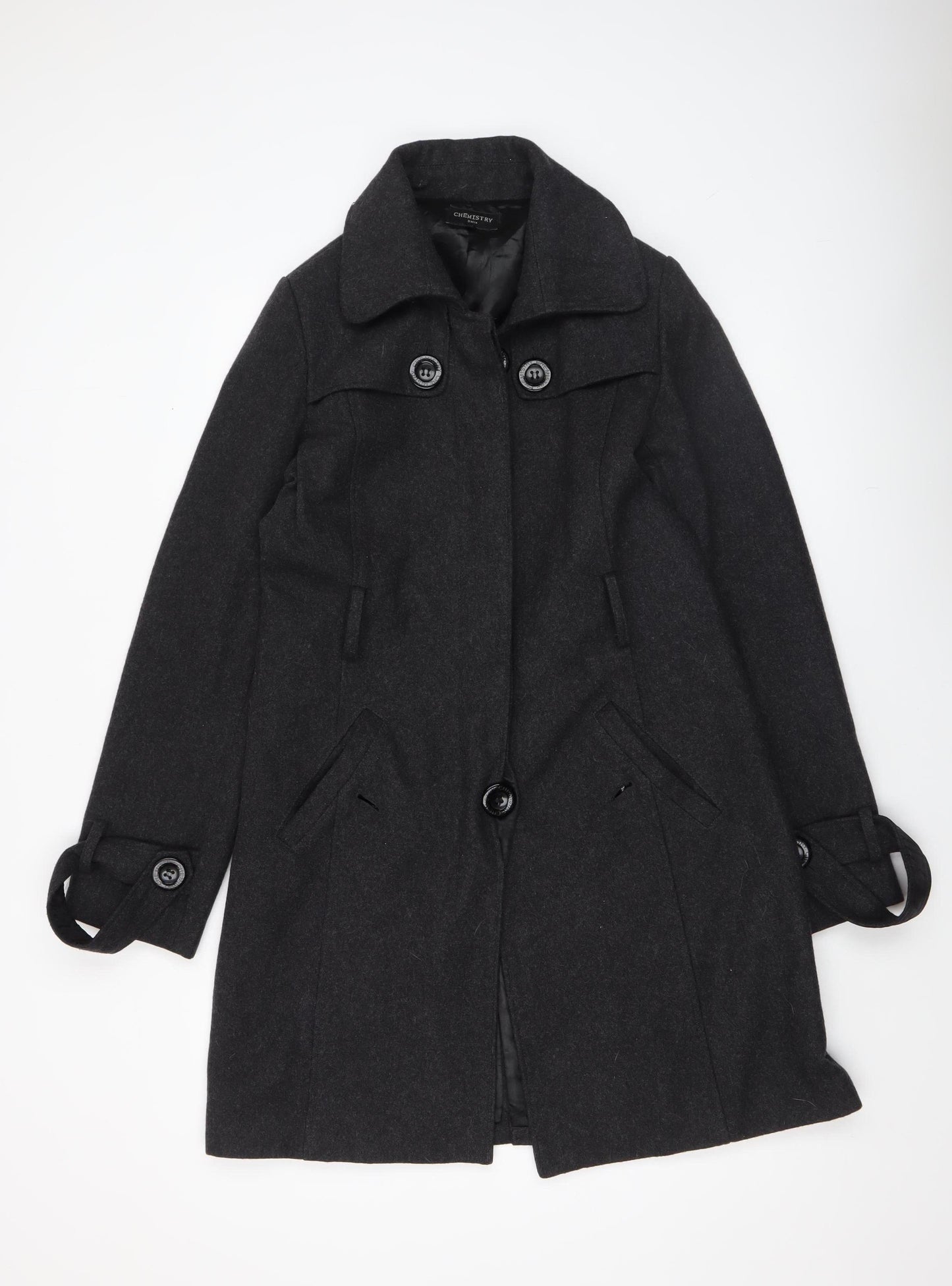 Chemistry Italia Women's Black Wool Blend Mid-Length Overcoat Size 14
