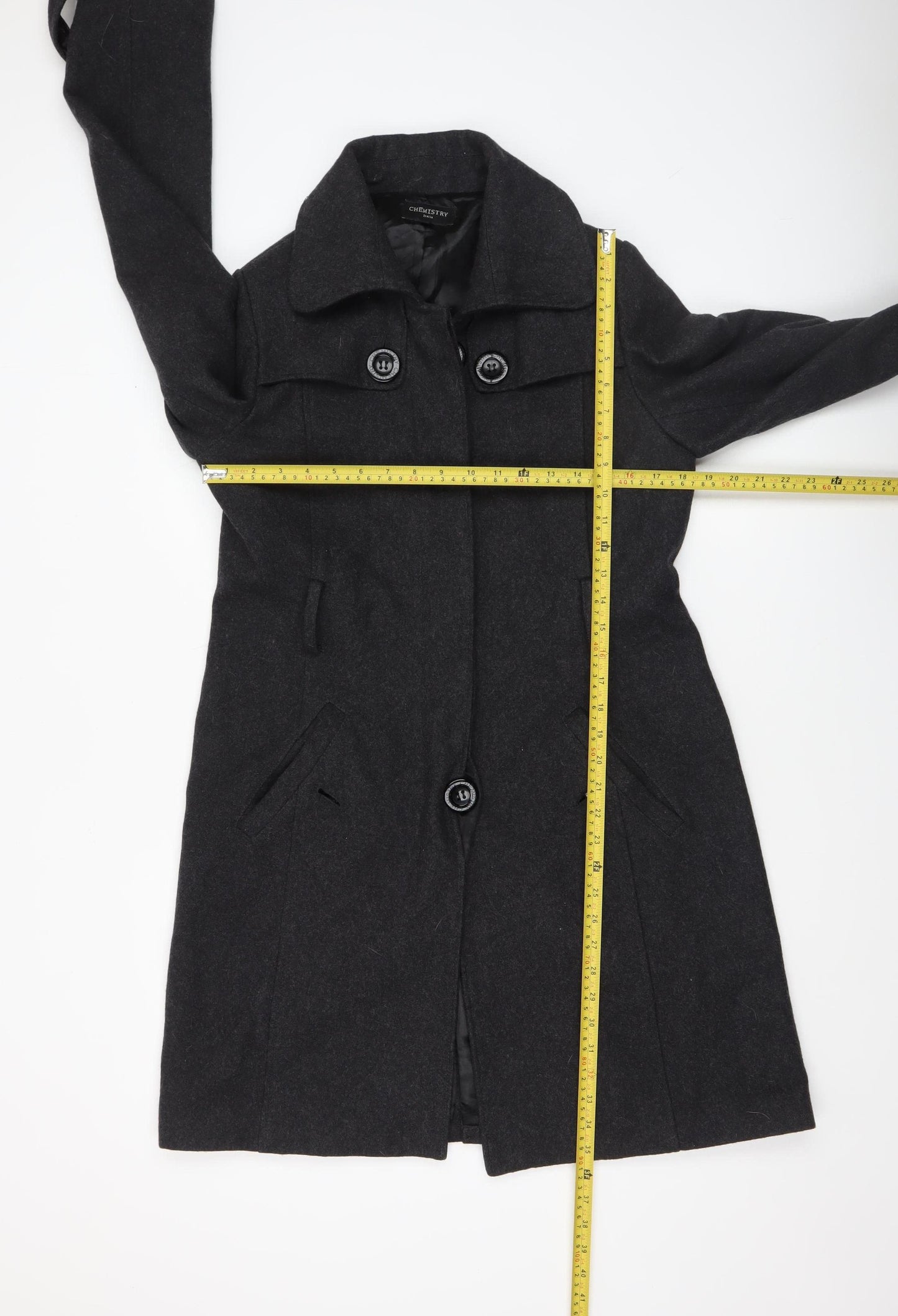 Chemistry Italia Women's Black Wool Blend Mid-Length Overcoat Size 14