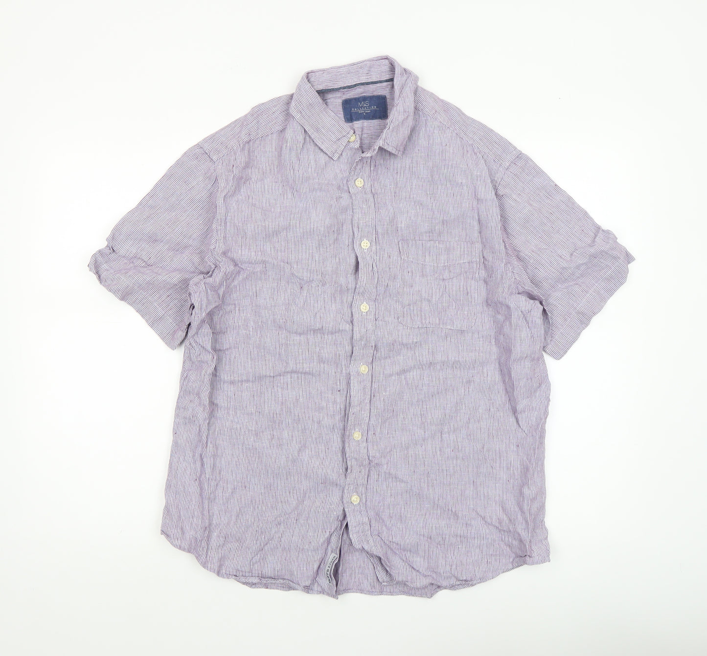 Marks and Spencer Men's Purple Linen Short Sleeve Button-Up Shirt M