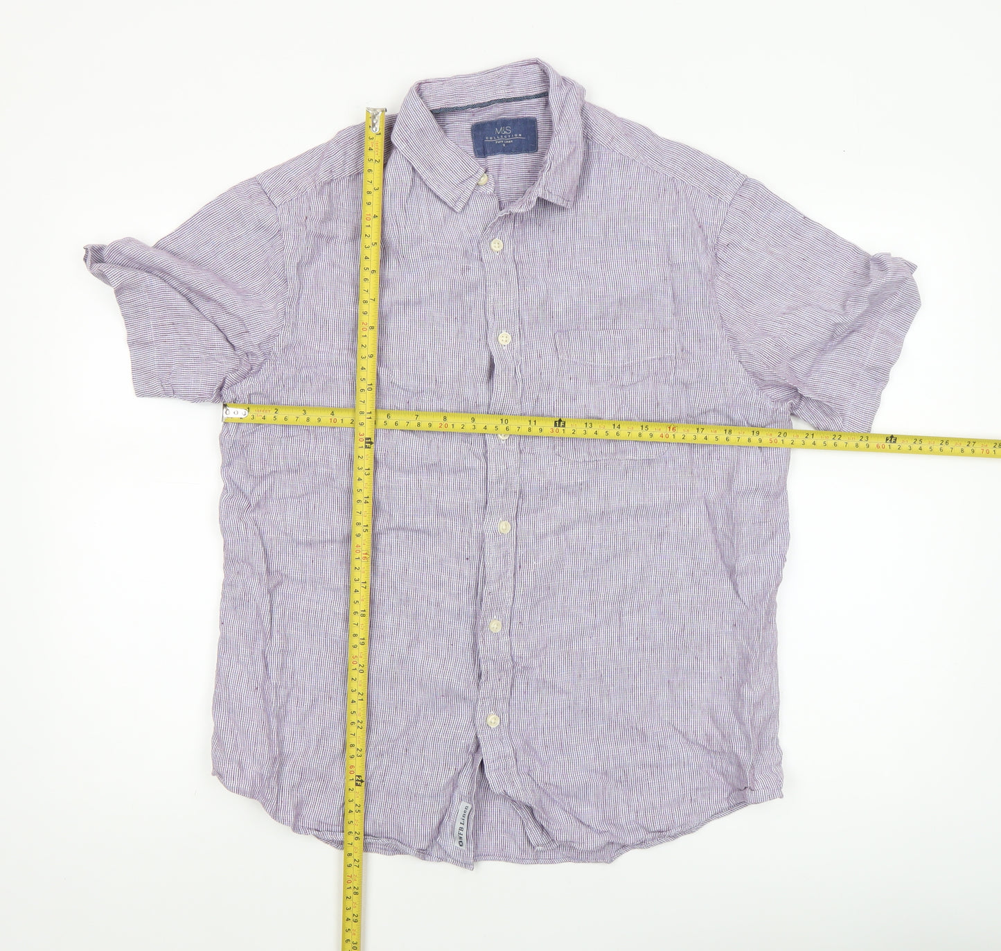 Marks and Spencer Men's Purple Linen Short Sleeve Button-Up Shirt M