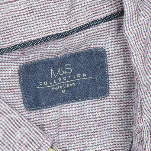 Marks and Spencer Men's Purple Linen Short Sleeve Button-Up Shirt M