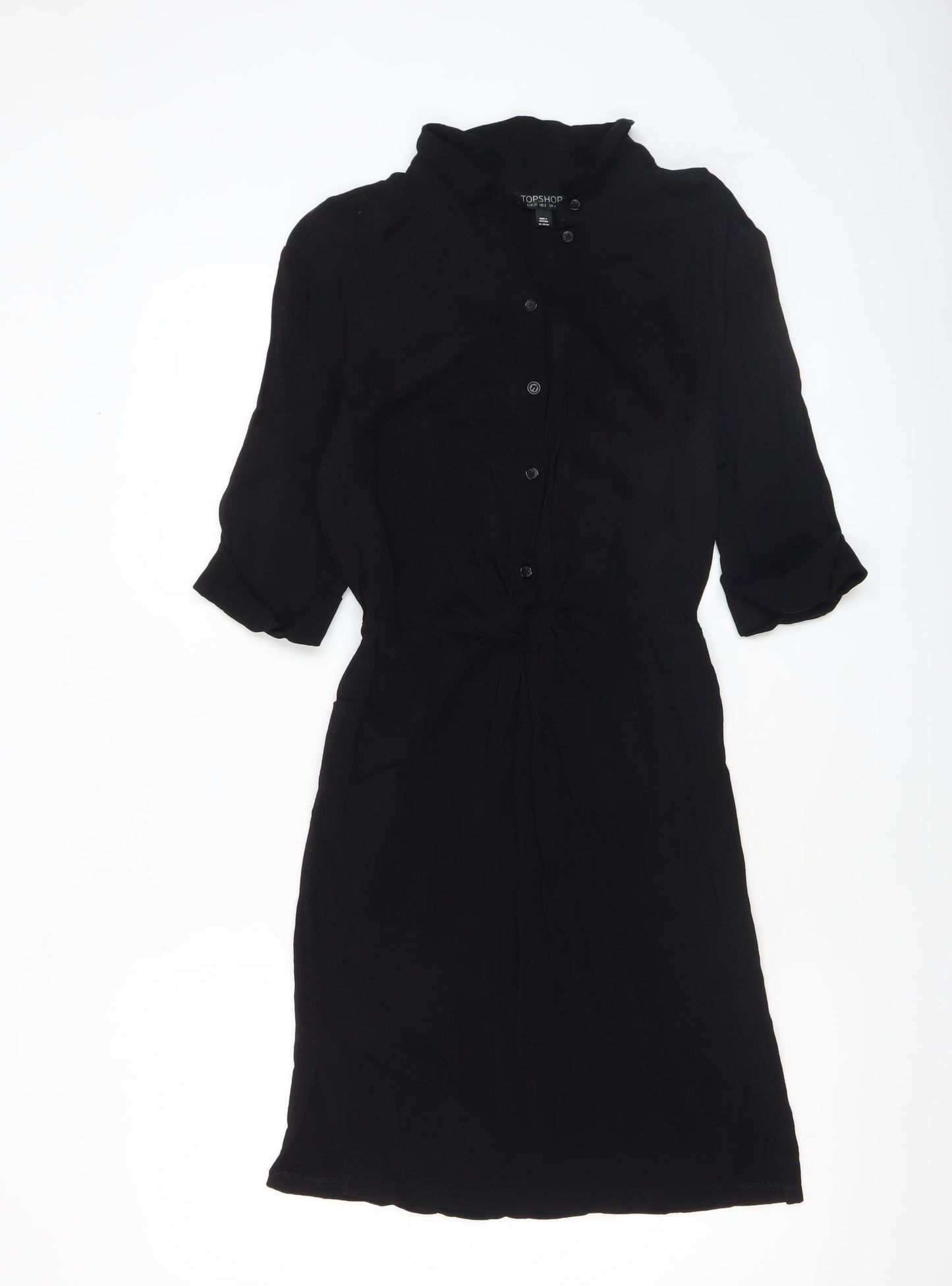 Topshop Women's Black Shirt Dress Size 6 Collared Button 3/4 Sleeve