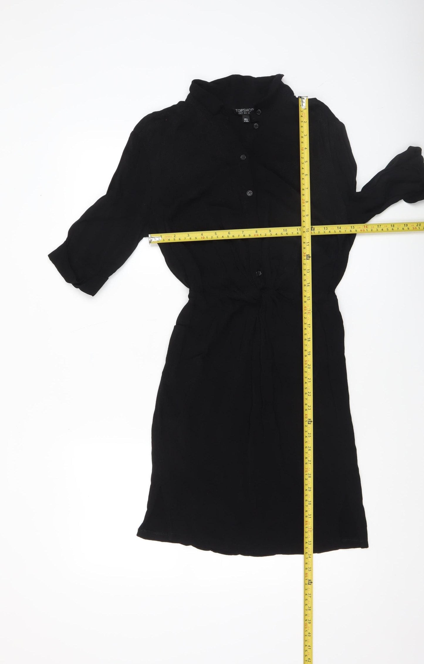 Topshop Women's Black Shirt Dress Size 6 Collared Button 3/4 Sleeve
