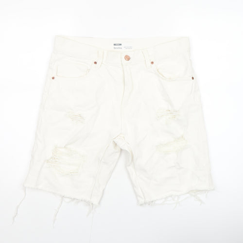 Bershka Men's White Distressed Denim Shorts Size M 31in Casual Summer