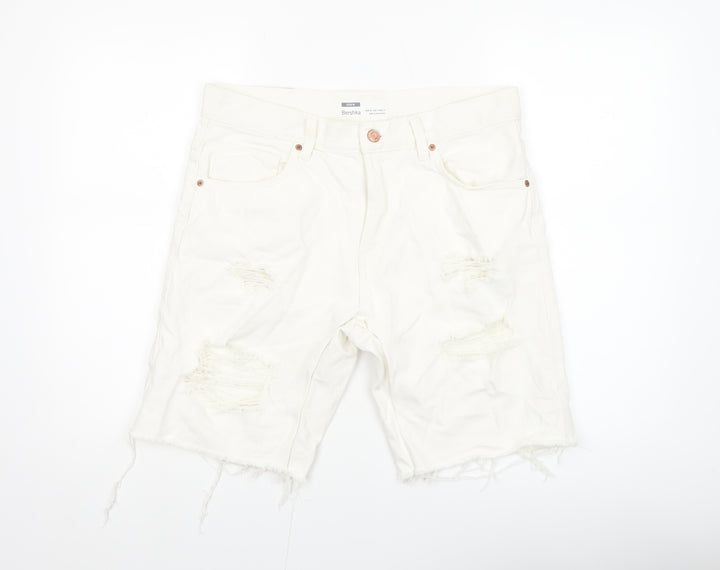 Bershka Men's White Distressed Denim Shorts Size M 31in Casual Summer