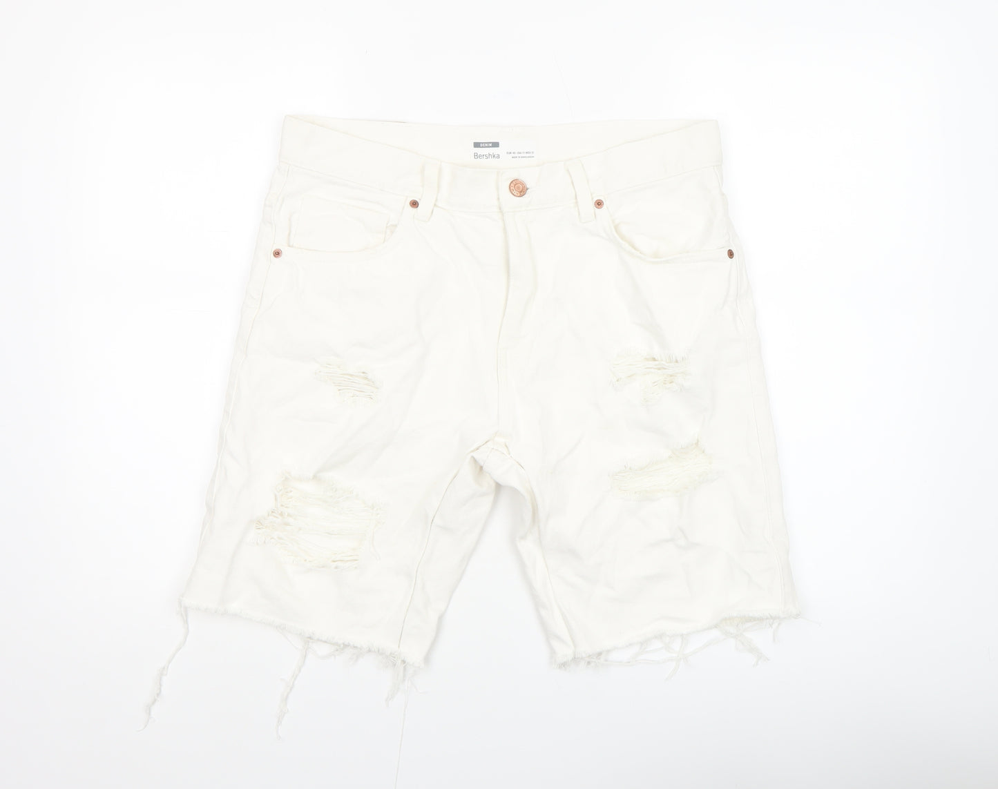 Bershka Men's White Distressed Denim Shorts Size M 31in Casual Summer