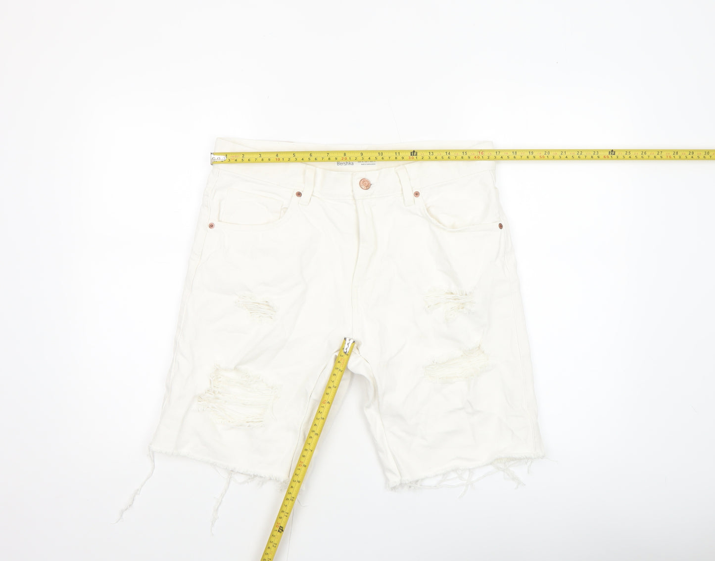 Bershka Men's White Distressed Denim Shorts Size M 31in Casual Summer
