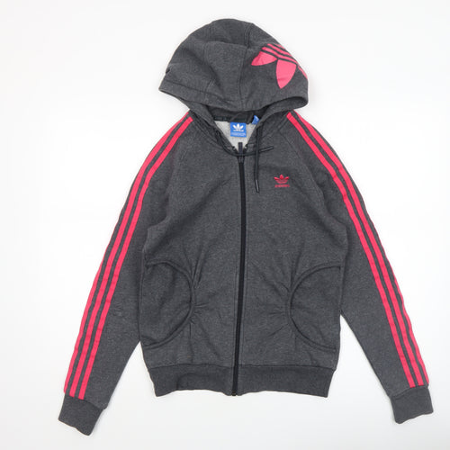 Adidas Womens Grey Full Zip Hoodie XS - Pink Stripes Athletic Fit