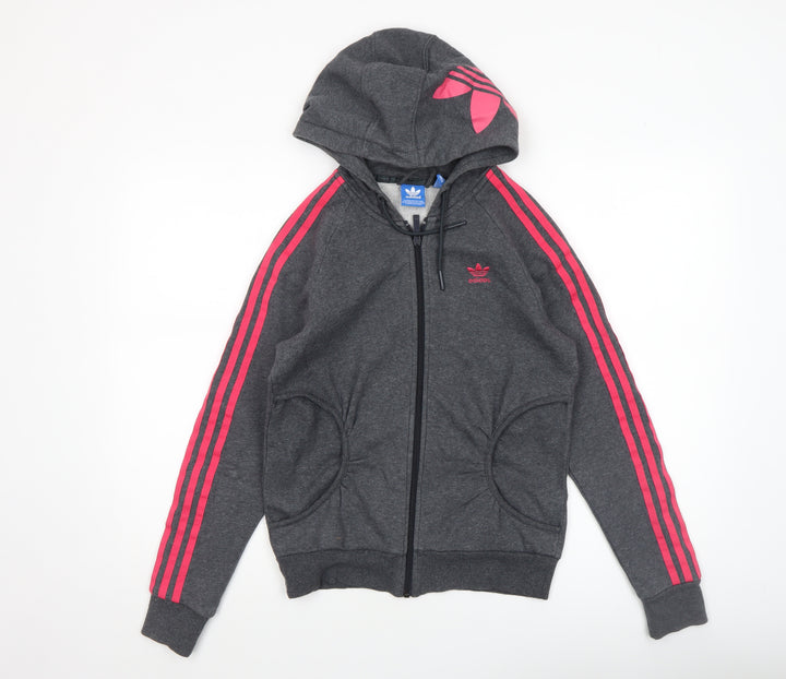 Adidas Womens Grey Full Zip Hoodie XS - Pink Stripes Athletic Fit