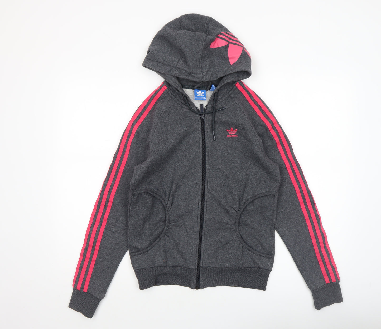 Adidas Womens Grey Full Zip Hoodie XS - Pink Stripes Athletic Fit
