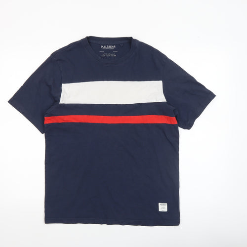 Pull&Bear Men's Navy Colourblock Crew Neck Cotton T-Shirt Size S
