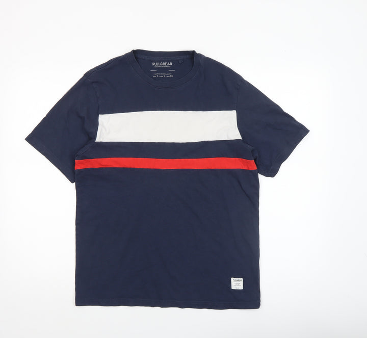 Pull&Bear Men's Navy Colourblock Crew Neck Cotton T-Shirt Size S