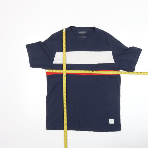 Pull&Bear Men's Navy Colourblock Crew Neck Cotton T-Shirt Size S
