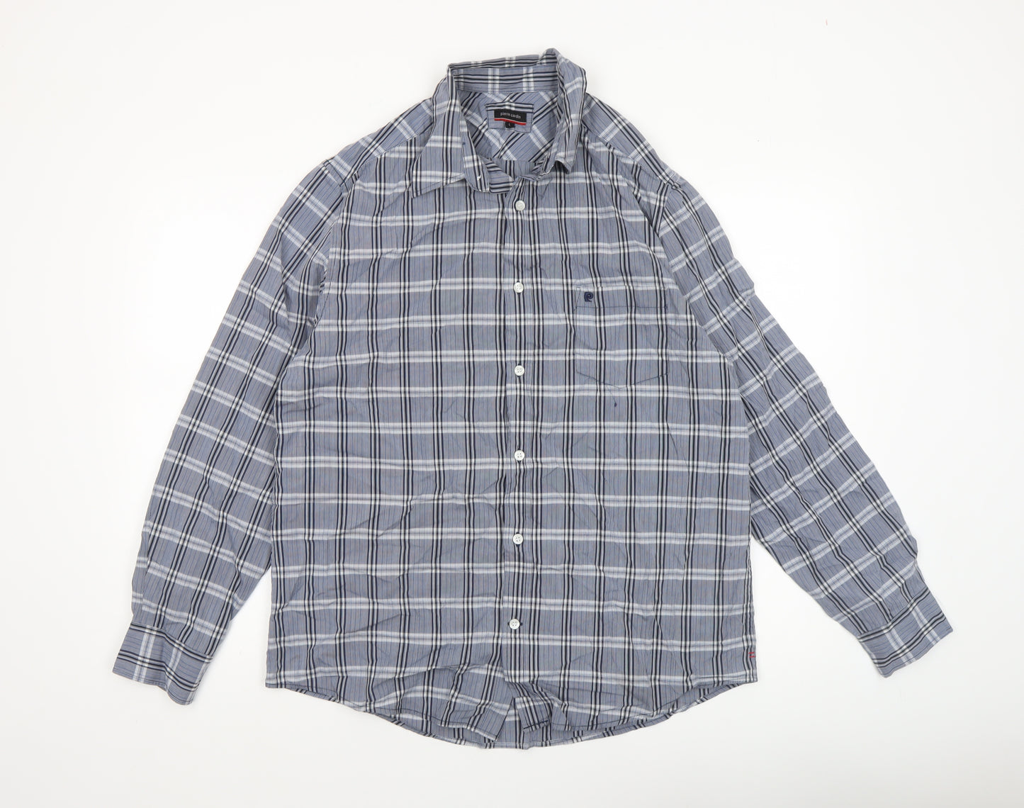 Pierre Cardin Men's Blue Check Long Sleeve Button-Up Shirt L