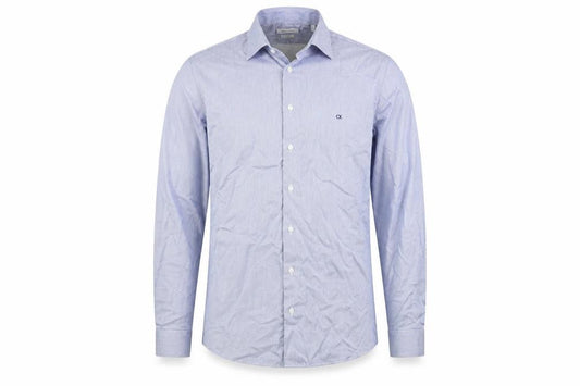 Front view of Calvin Klein Men's Blue Slim Fit Long Sleeve Striped Button-Up Shirt, size 15.75