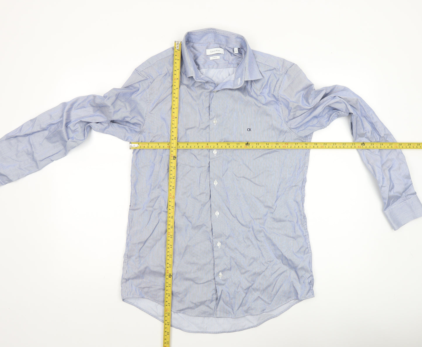 Calvin Klein Men's Blue Slim Fit Long Sleeve Striped Button-Up Shirt Size 15.75