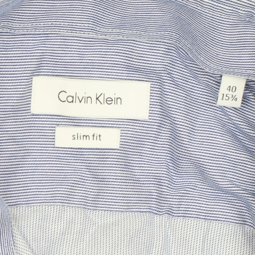 Calvin Klein Men's Blue Slim Fit Long Sleeve Striped Button-Up Shirt Size 15.75