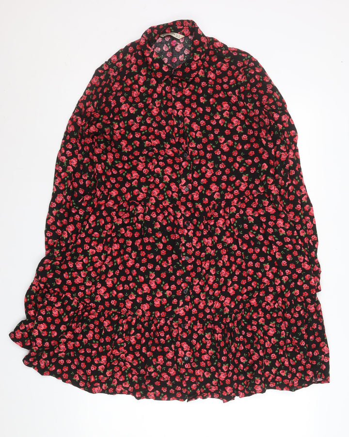 Stradivarius Women’s Black Floral Shirt Dress Size 10 Viscose