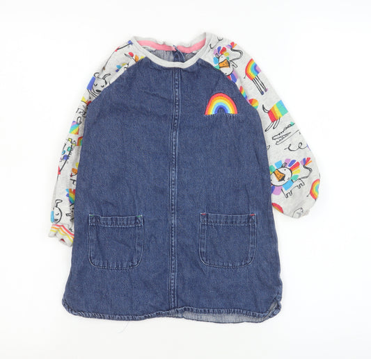 Next Girls Blue Denim Pinafore Dress Rainbow Unicorn Design 4-5 Years