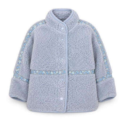 Front view of Leigh Tucker Willow Blue Fleece Baby Jacket 12-18 Months Lined Floral Trim