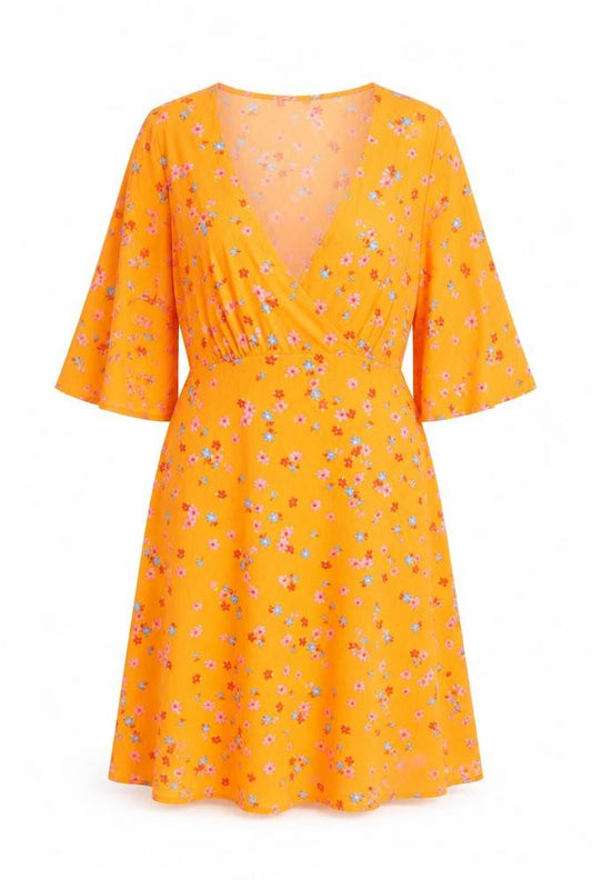 Front view of Influence Women’s Orange Floral Short Sleeve A-Line Dress, size UK 12